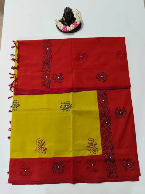 POLY COTTON SAREE WITH MIRROR WORK 